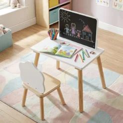 Kindertisch mit Stuhl Kinderschreibtisch mit Tafel für Kinder ab 3 Jahren Weiß + Natur