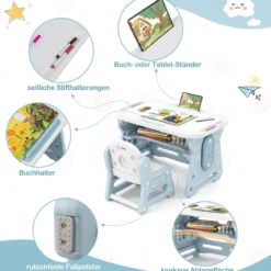 Kindertisch mit Stuhl & Neigbarem Whiteboard Höhenverstellbare Kindersitzgruppe Blau