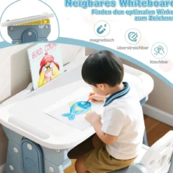 Kindertisch mit Stuhl & Neigbarem Whiteboard Höhenverstellbare Kindersitzgruppe Blau
