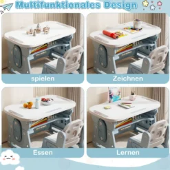 Kindertisch mit Stuhl & Neigbarem Whiteboard Höhenverstellbare Kindersitzgruppe Blau
