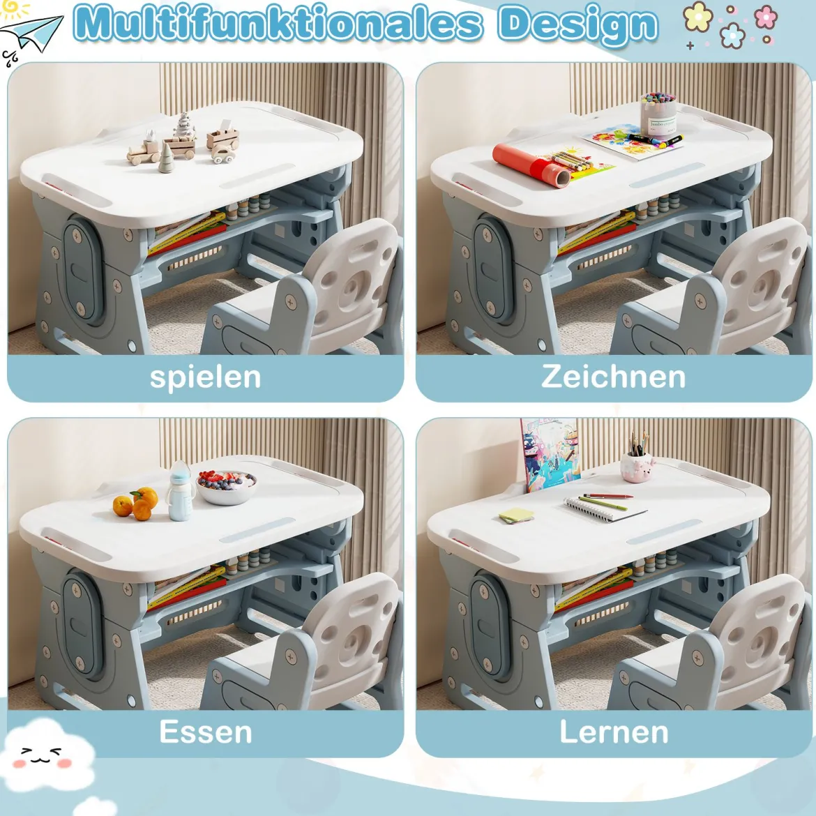 Kindertisch mit Stuhl & Neigbarem Whiteboard Höhenverstellbare Kindersitzgruppe Blau