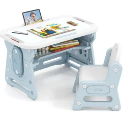 Kindertisch mit Stuhl & Neigbarem Whiteboard Höhenverstellbare Kindersitzgruppe Blau