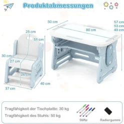 Kindertisch mit Stuhl & Neigbarem Whiteboard Höhenverstellbare Kindersitzgruppe Blau