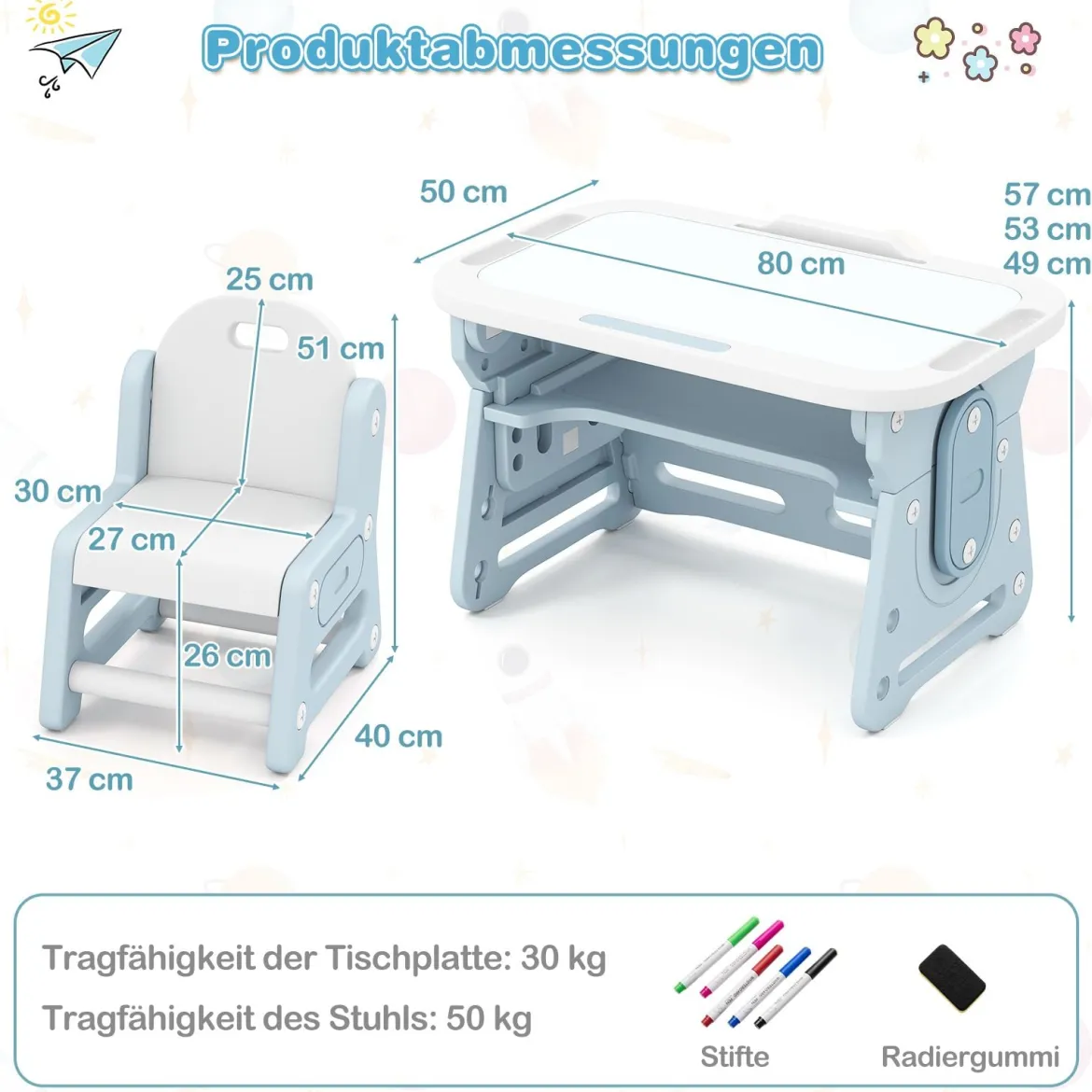 Kindertisch mit Stuhl & Neigbarem Whiteboard Höhenverstellbare Kindersitzgruppe Blau