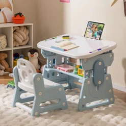 Kindertisch mit Stuhl & Neigbarem Whiteboard Höhenverstellbare Kindersitzgruppe Blau