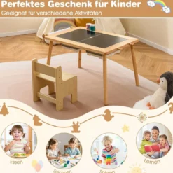 Kindertisch mit Umkehrbarer Tischplatte Höhenverstellbarer Spieltisch aus Kieferholz Natur