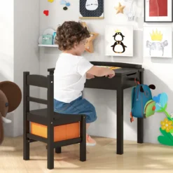 Kindertisch + Stuhl aus Massivholz mit Klappbarer Tischplatte & Schublade & Haken
