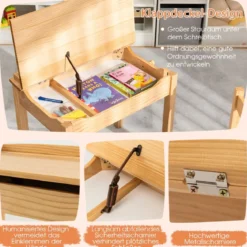 Kindertisch + Stuhl aus Massivholz mit Klappbarer Tischplatte & Schublade & Haken