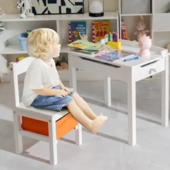 Kindertisch + Stuhl aus Massivholz mit Klappbarer Tischplatte & Schublade & Haken