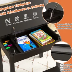 Kindertisch + Stuhl aus Massivholz mit Klappbarer Tischplatte & Schublade & Haken