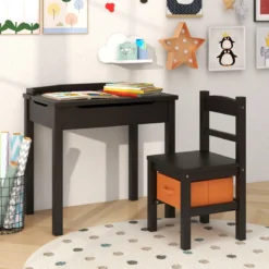 Kindertisch + Stuhl aus Massivholz mit Klappbarer Tischplatte & Schublade & Haken