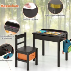 Kindertisch + Stuhl aus Massivholz mit Klappbarer Tischplatte & Schublade & Haken