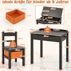 Kindertisch + Stuhl aus Massivholz mit Klappbarer Tischplatte & Schublade & Haken