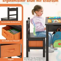 Kindertisch + Stuhl aus Massivholz mit Klappbarer Tischplatte & Schublade & Haken