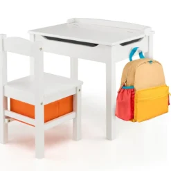 Kindertisch + Stuhl aus Massivholz mit Klappbarer Tischplatte & Schublade & Haken
