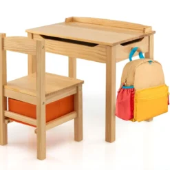 Kindertisch + Stuhl aus Massivholz mit Klappbarer Tischplatte & Schublade & Haken