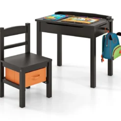 Kindertisch + Stuhl aus Massivholz mit Klappbarer Tischplatte & Schublade & Haken