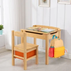 Kindertisch + Stuhl aus Massivholz mit Klappbarer Tischplatte & Schublade & Haken