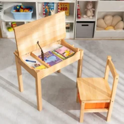 Kindertisch + Stuhl aus Massivholz mit Klappbarer Tischplatte & Schublade & Haken