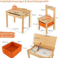 Kindertisch + Stuhl aus Massivholz mit Klappbarer Tischplatte & Schublade & Haken