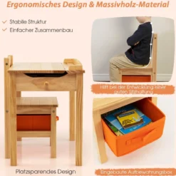 Kindertisch + Stuhl aus Massivholz mit Klappbarer Tischplatte & Schublade & Haken
