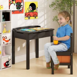 Kindertisch + Stuhl aus Massivholz mit Klappbarer Tischplatte & Schublade & Haken