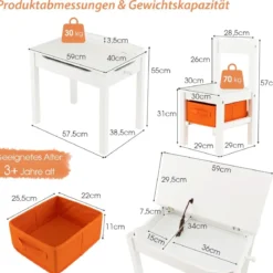 Kindertisch + Stuhl aus Massivholz mit Klappbarer Tischplatte & Schublade & Haken