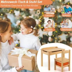 Kindertisch + Stuhl aus Massivholz mit Klappbarer Tischplatte & Schublade & Haken