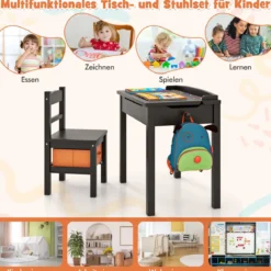 Kindertisch + Stuhl aus Massivholz mit Klappbarer Tischplatte & Schublade & Haken