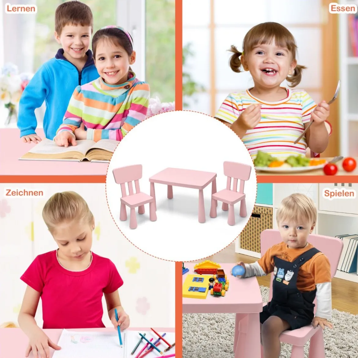 Kindertisch und 2 Stühlen 3 TLG. Kindersitzgruppe Kindermöbel-Set Rosa