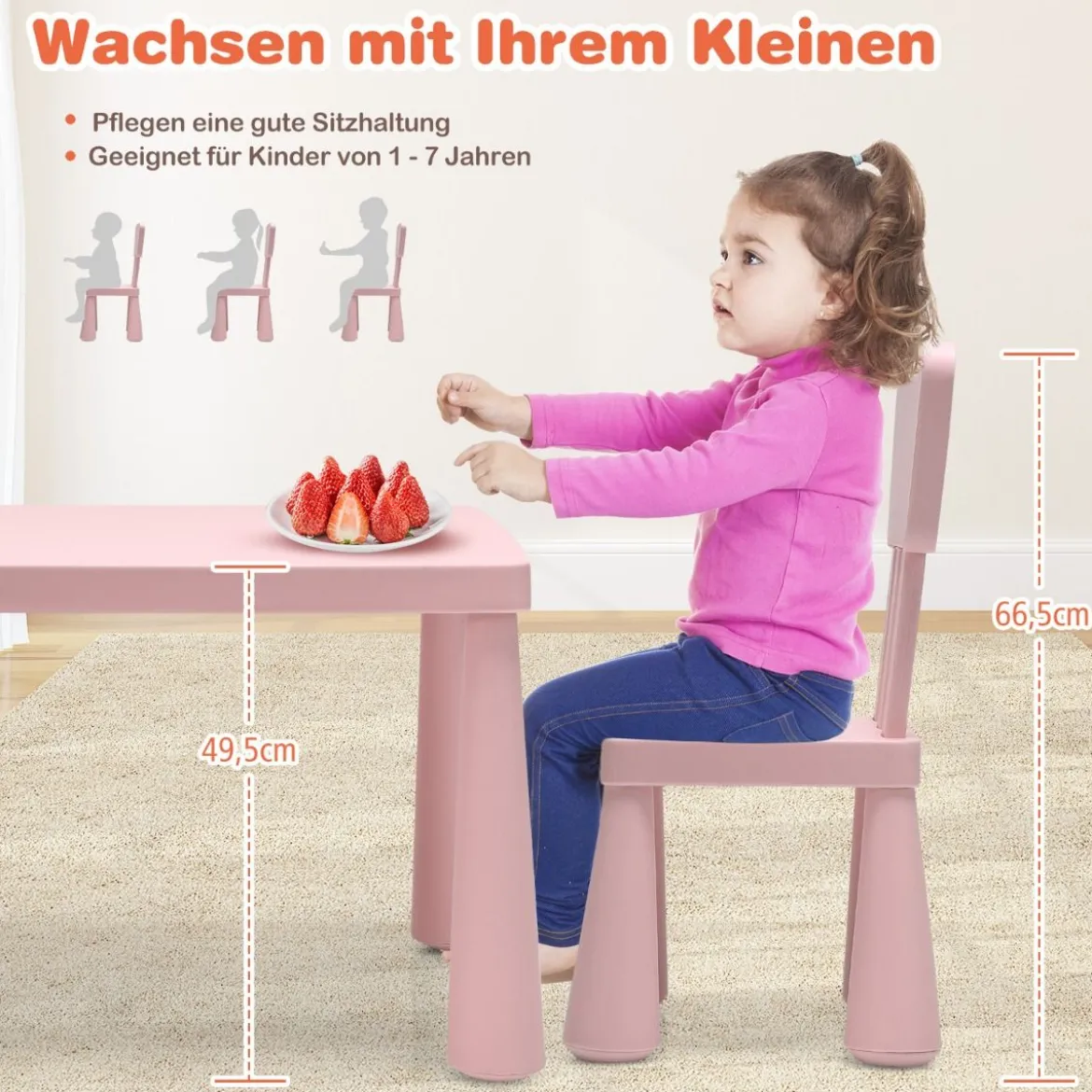 Kindertisch und 2 Stühlen 3 TLG. Kindersitzgruppe Kindermöbel-Set Rosa