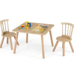 Kindertisch und 2 Stühle Set Holz Kinder Aktivitätstisch-Set mit geschwungenen Spindel-Rückenlehnen Natur