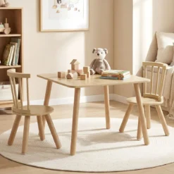 Kindertisch und 2 Stühle Set Holz Kinder Aktivitätstisch-Set mit geschwungenen Spindel-Rückenlehnen Natur