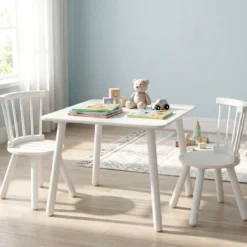 Kindertisch und 2 Stühle Set Holz Kinder Aktivitätstisch-Set mit geschwungenen Spindel-Rückenlehnen Weiß
