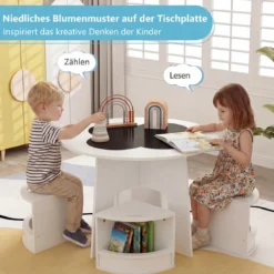 Kindertisch und Stuhl Set aus Holz 5 Teilige Kindersitzgruppe Rund mit 4 Stauraumhocker Weiß