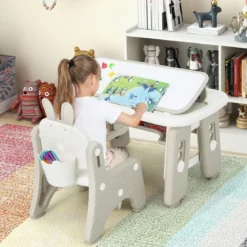 Kindertisch- und Stuhlset Kunsttisch und Stuhl für Kleinkinder mit aufklappbarem Bücherregal Grau