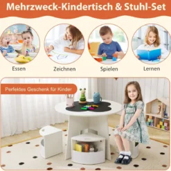 Kindertisch und Stuhl Set rund 5 teilige Kindersitzgruppe aus Holz mit 4 Stauraumhocker Weiß