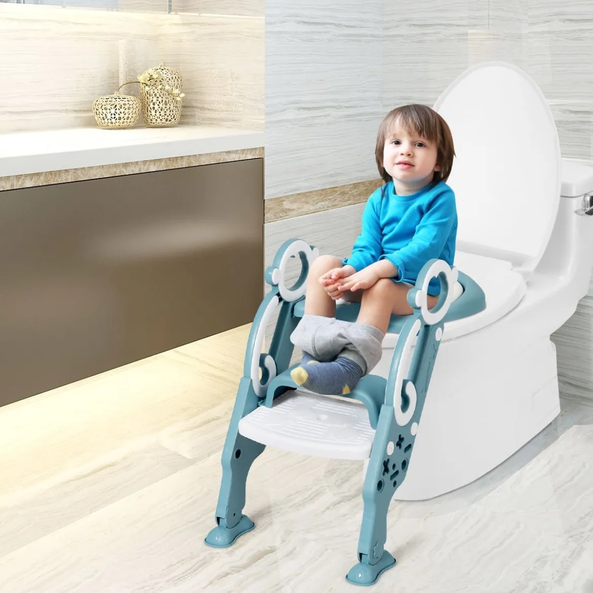 Kinder Toilettensitz faltbar Kinder Toilettentrainer Töpfchentrainer mit Leiter und Griffe Grün