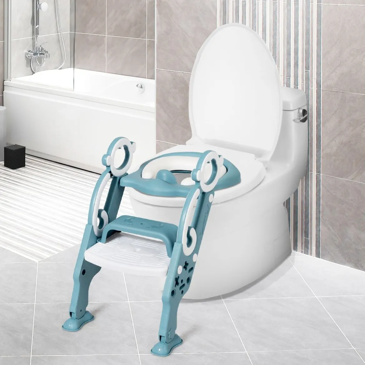 Kinder Toilettensitz faltbar Kinder Toilettentrainer Töpfchentrainer mit Leiter und Griffe Grün