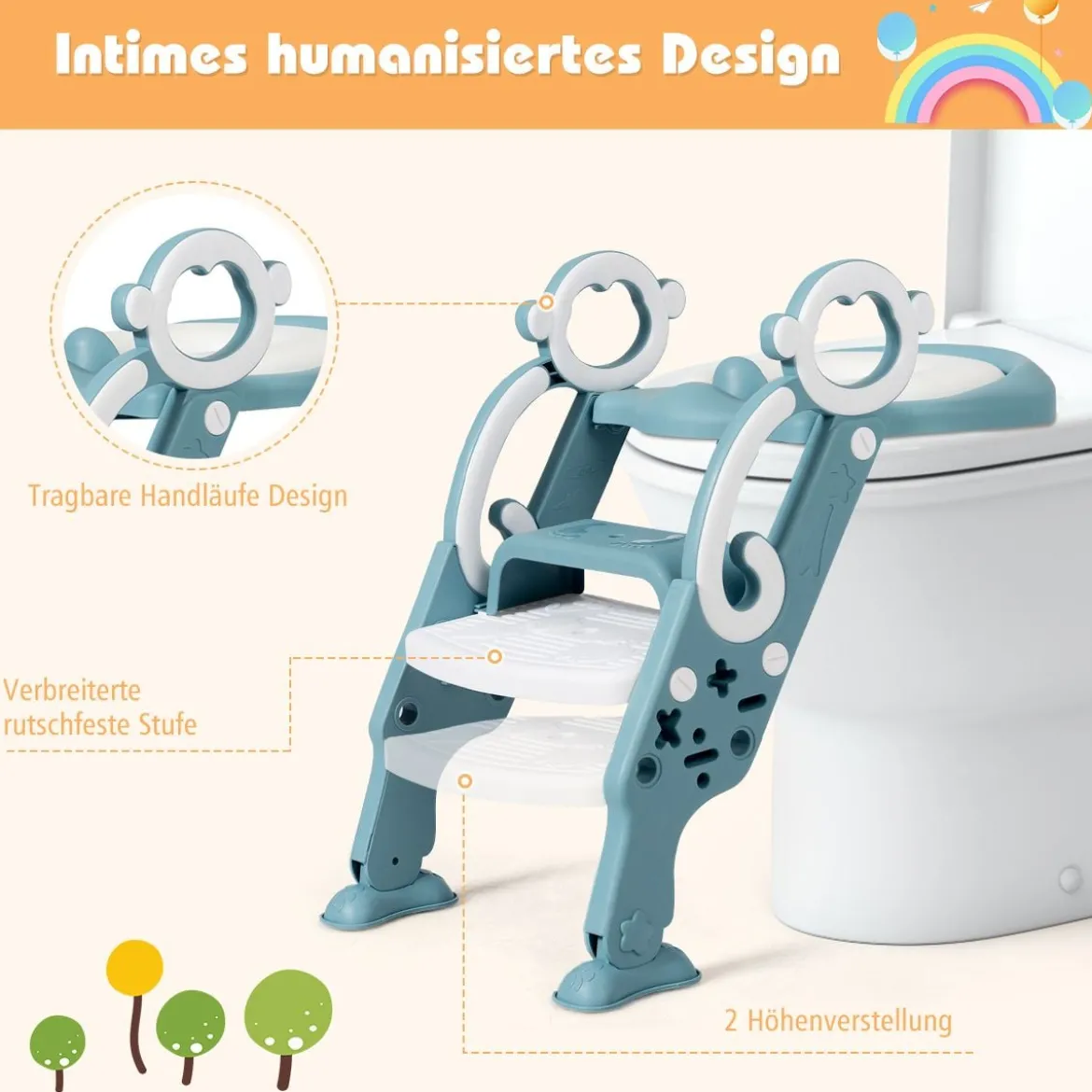 Kinder Toilettensitz faltbar Kinder Toilettentrainer Töpfchentrainer mit Leiter und Griffe Grün