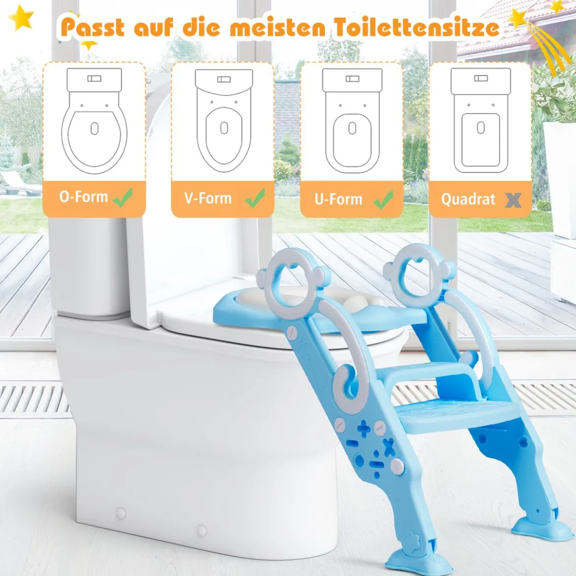 Kinder Toilettensitz faltbar Kinder Toilettentrainer Töpfchentrainer mit Leiter und Griffe Blau