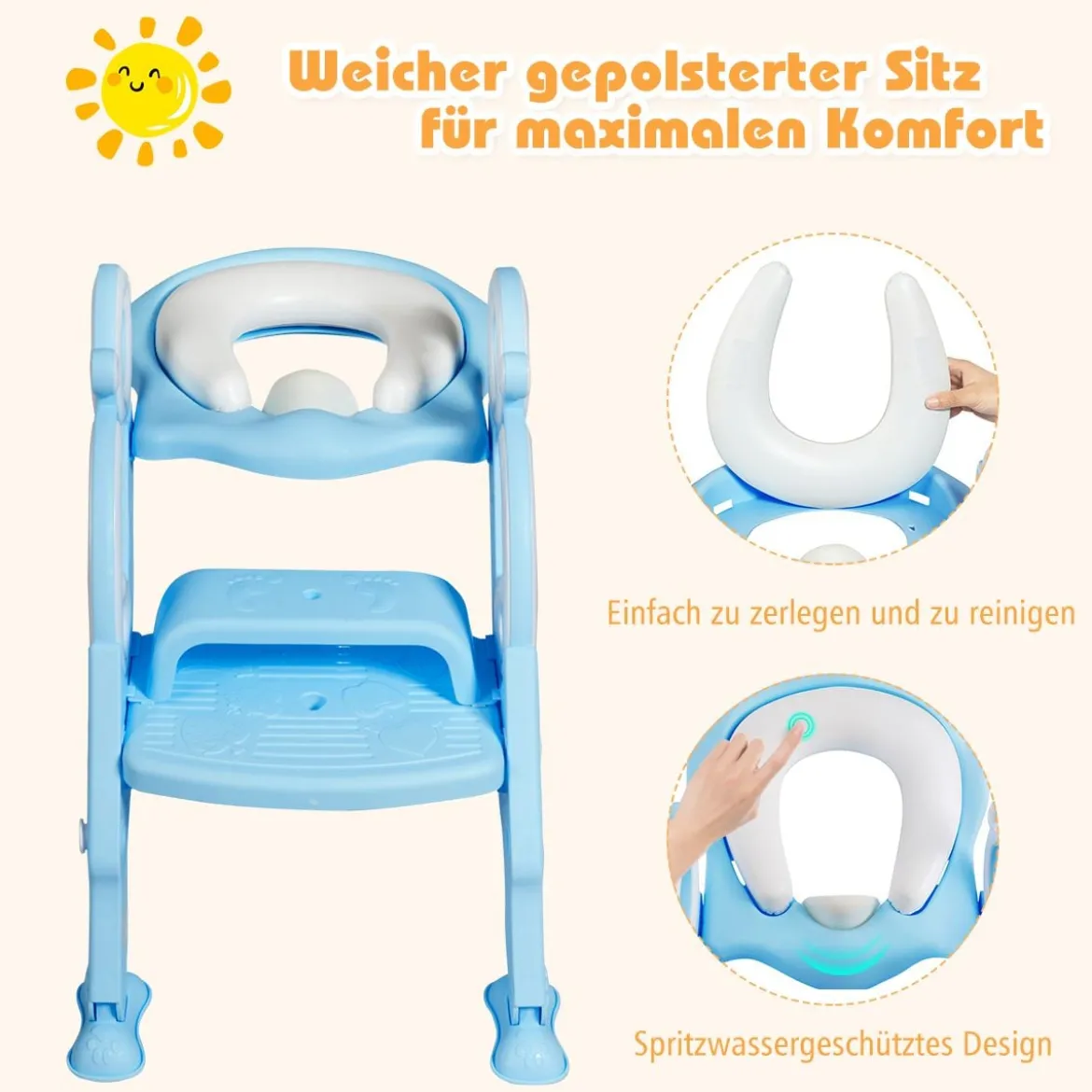 Kinder Toilettensitz faltbar Kinder Toilettentrainer Töpfchentrainer mit Leiter und Griffe Blau