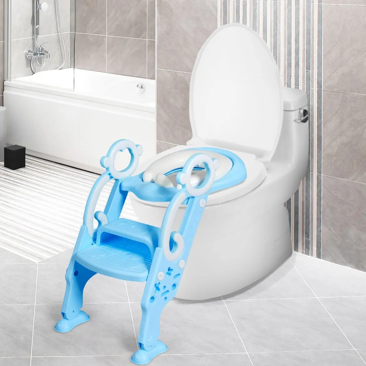 Kinder Toilettensitz faltbar Kinder Toilettentrainer Töpfchentrainer mit Leiter und Griffe Blau
