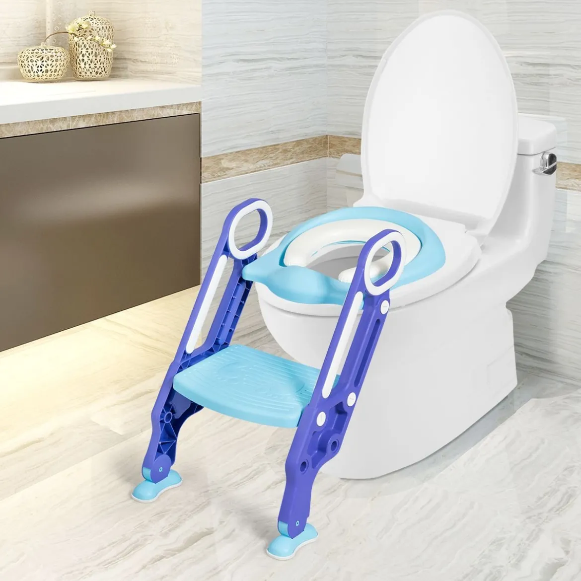 Kinder Toilettensitz höhenverstellbar Kindertoilette faltbar Toilettentrainer mit Leiter und Griffe Toilettentraining Lila und Blau