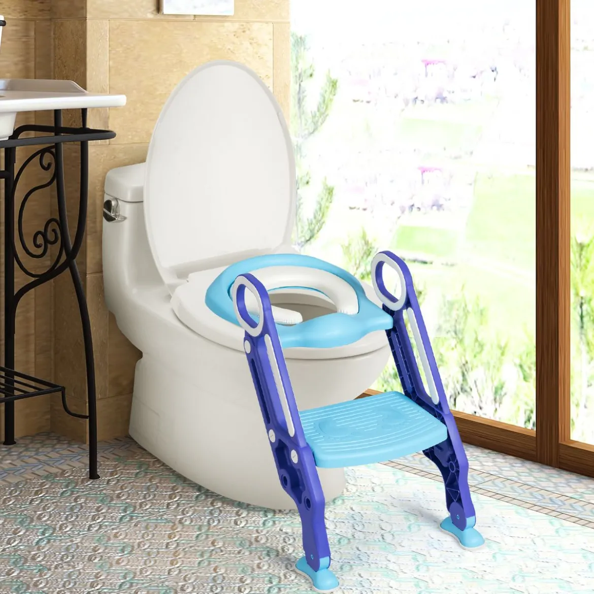 Kinder Toilettensitz höhenverstellbar Kindertoilette faltbar Toilettentrainer mit Leiter und Griffe Toilettentraining Lila und Blau