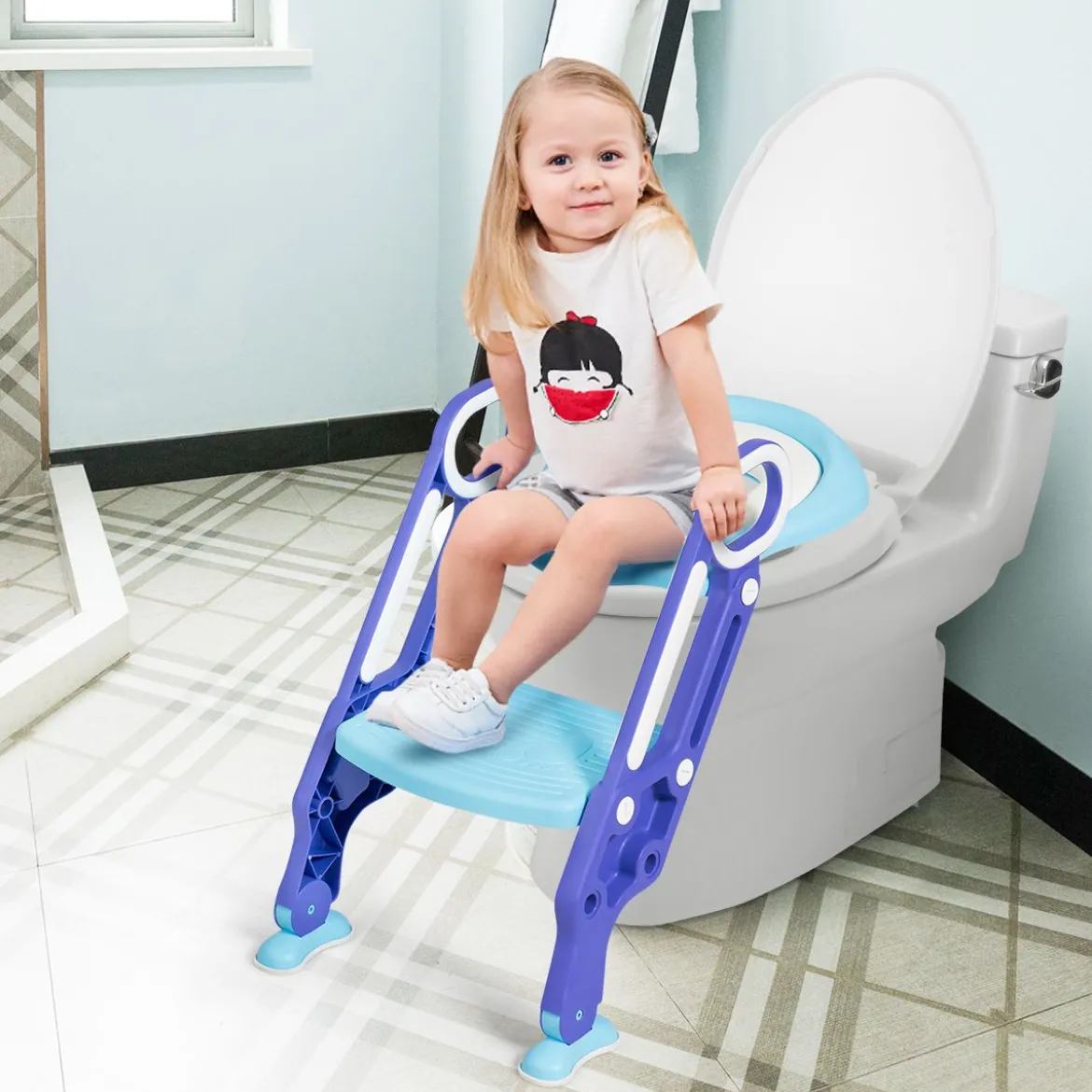 Kinder Toilettensitz höhenverstellbar Kindertoilette faltbar Toilettentrainer mit Leiter und Griffe Toilettentraining Lila und Blau