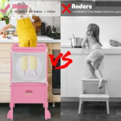 Kinder Tritthocker mit 2-stufig verstellbarer Höhe & Sicherheitsnetz für Kinder ab 18 Monate Rosa