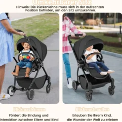 Kinderwagen faltbar mit umkehrbarem Sitz Reisebuggy mit verstellbarer Rückenlehne Grau/Schwarz