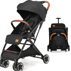 Kinderwagen faltbar Reisebuggy mit verstellbarem Rückenlehne & Verdeck Babywagen mit Becherhalter Schwarz