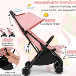 Kinderwagen klappbar Reisebuggy mit Liegefunktion Kinderbuggy tragbar mit verstellbarer Rückenlehnebis 15 kg Belastbar Rosa